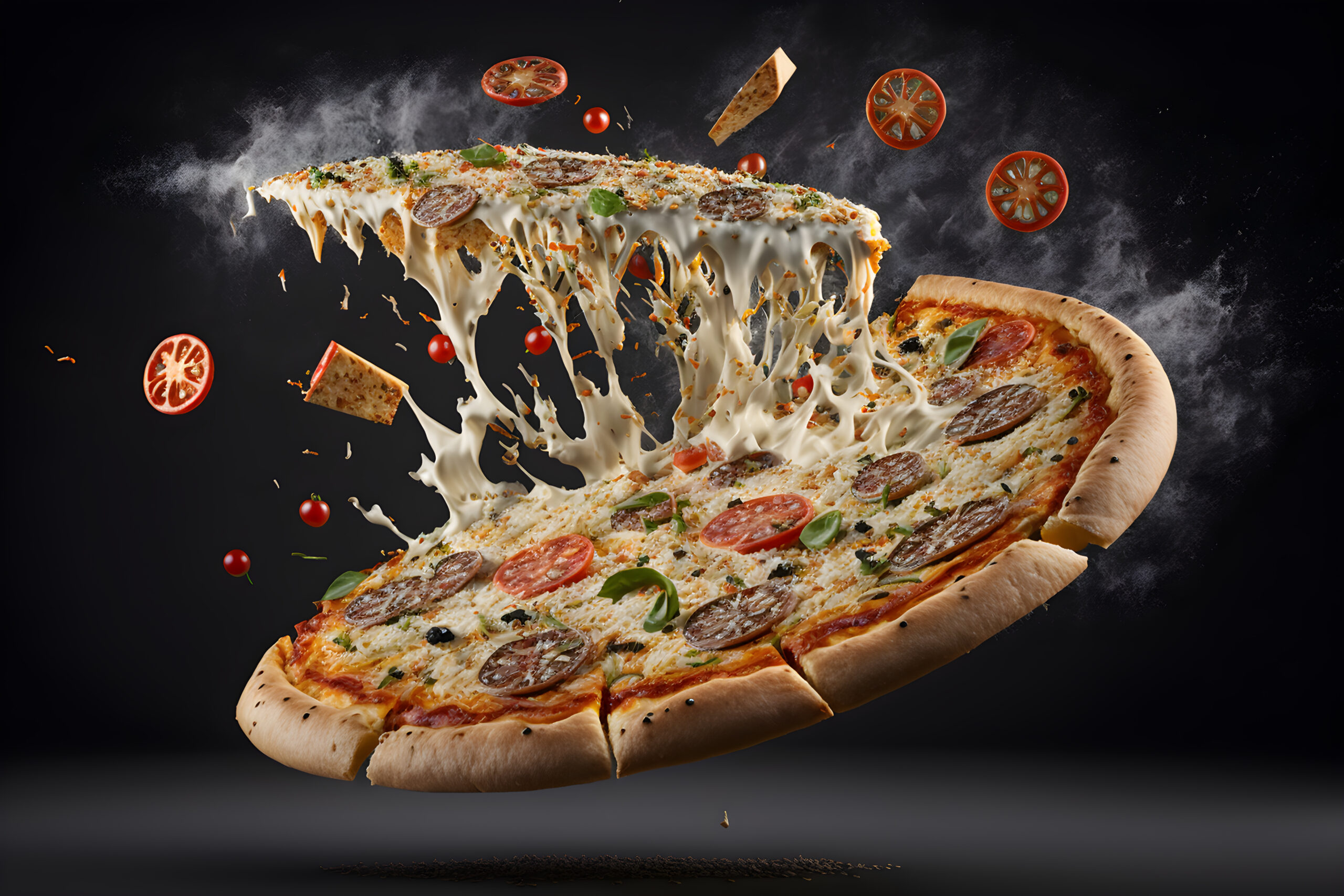 Кусок пиццы. Пицца еще. Пицца баннер. Кусок пицыпарит в воздухе. Понравилась пицца